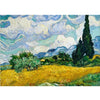 An oil painting depicting a landscape with yellow fields, green trees, and a dramatic blue and white sky.