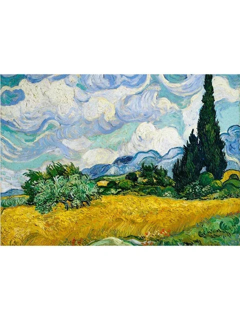 An oil painting depicting a landscape with yellow fields, green trees, and a dramatic blue and white sky.