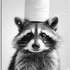 A portrait of a raccoon with a white cloth wrapped around its head.