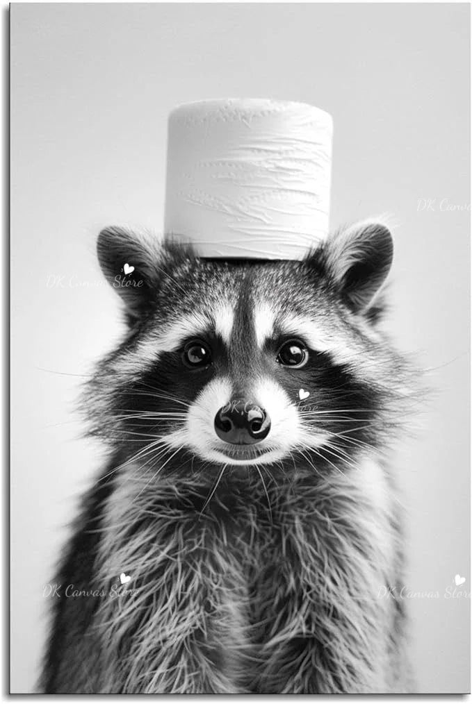 A portrait of a raccoon with a white cloth wrapped around its head.