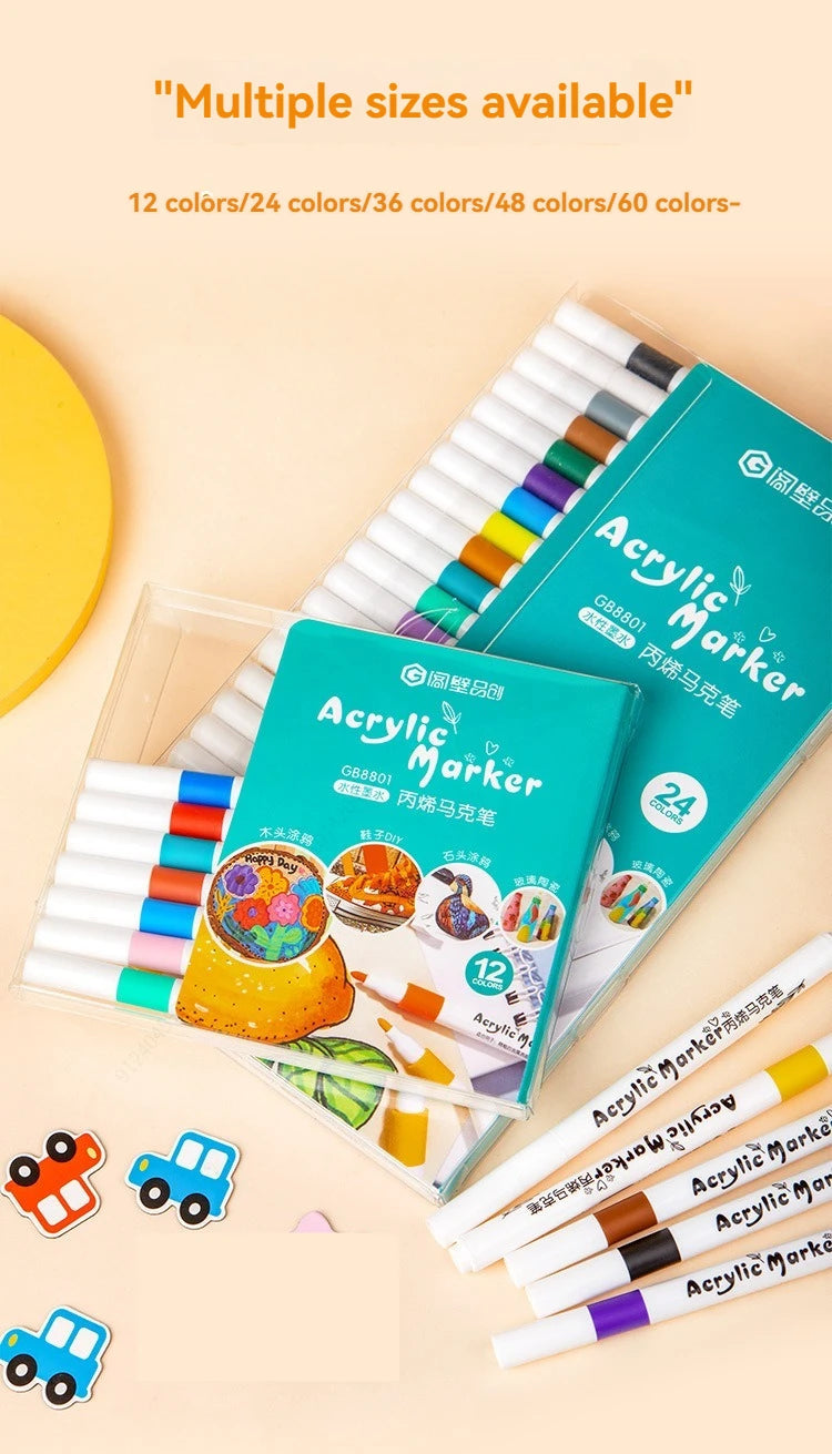 A set of acrylic markers in various colors and sizes is displayed, showing multiple marker sets and individual markers.
