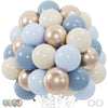 A bunch of elegant latex confetti balloons in muted tones including light blue, beige, and gold.