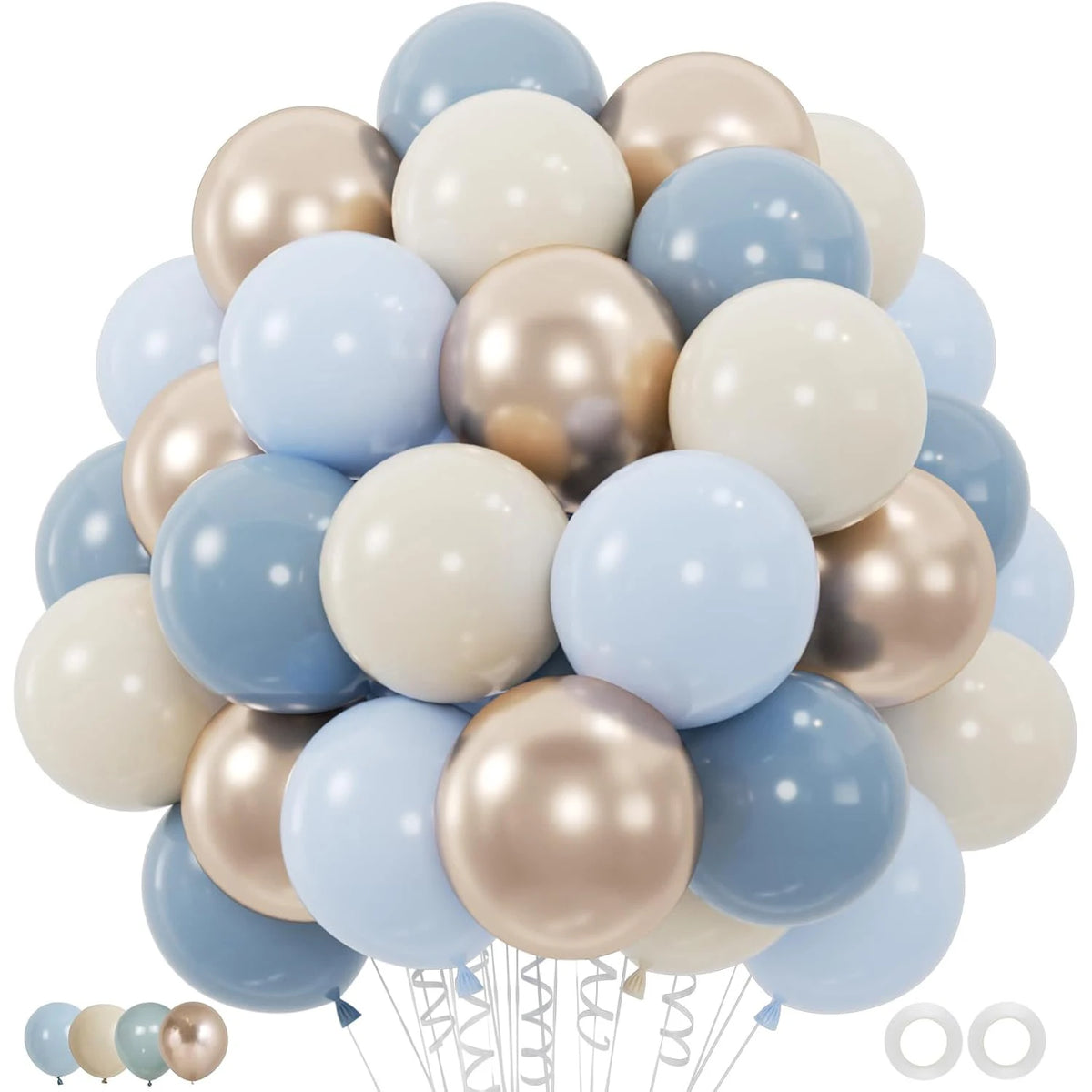A bunch of elegant latex confetti balloons in muted tones including light blue, beige, and gold.