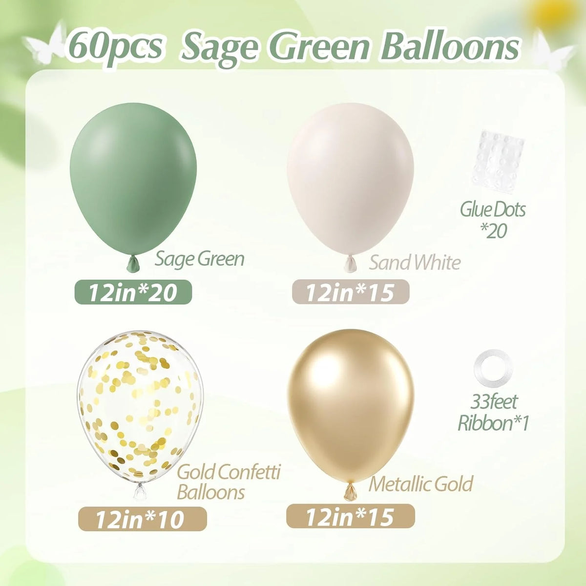 A set of 60 balloons including sage green, sand white, gold confetti, and metallic gold balloons.