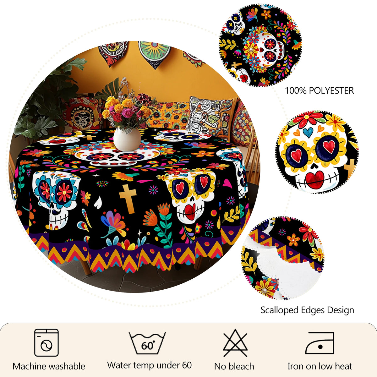 Day of the Dead Skull Print Tablecloth – Waterproof & Festive