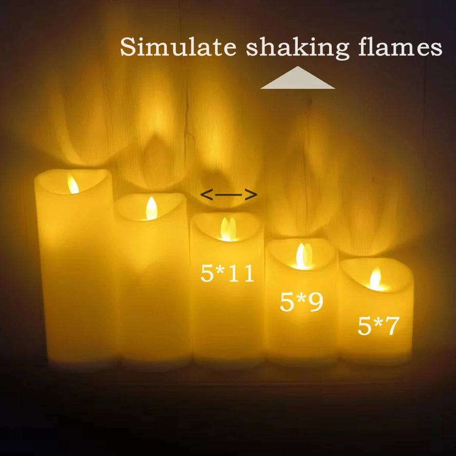 A set of glowing yellow candles simulating shaking flames, with sizes 5x11, 5x9, and 5x7.