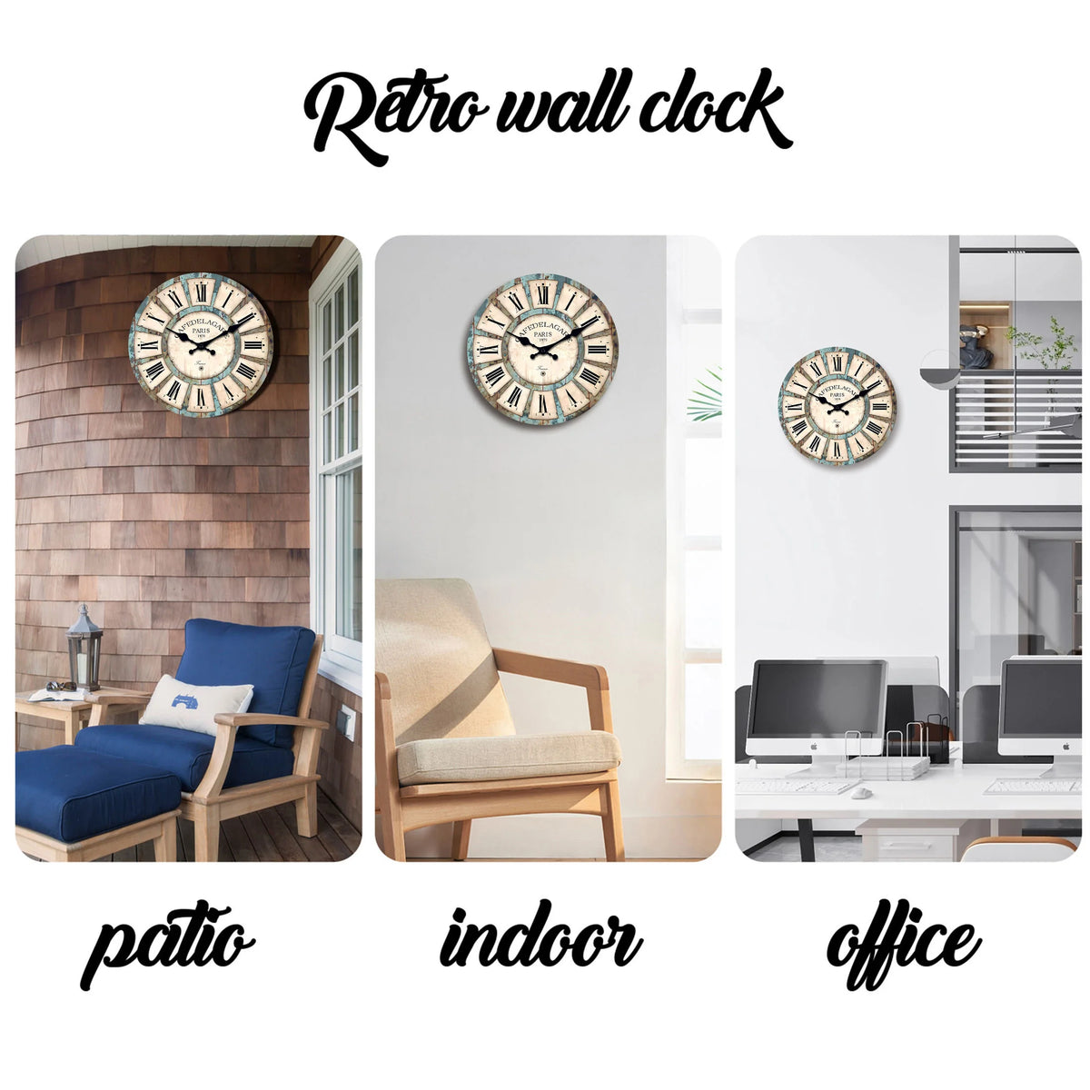 A rustic wooden wall clock with Roman numerals hangs on a white wall in an indoor setting.