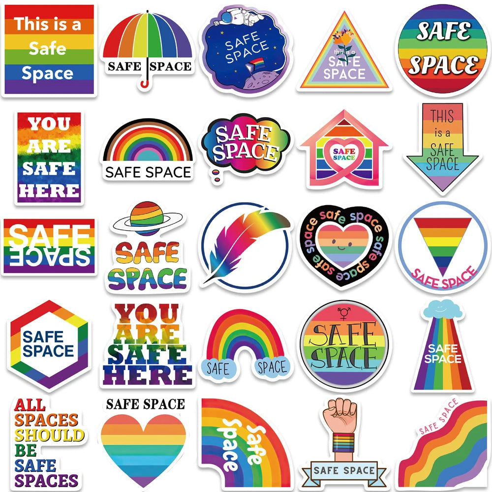 A collection of colorful stickers featuring the phrase Safe Space and rainbow designs for various items.