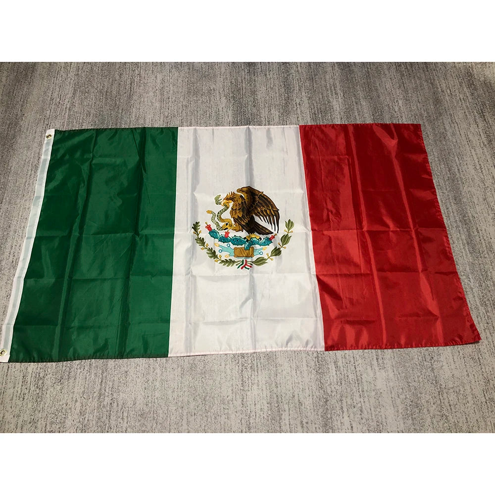 A rectangular banner displaying the flag of Mexico, featuring green, white, and red stripes with the national coat of arms.