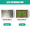 Size information graphic showing the 8 inch by 12 inch dimensions of a vintage metal sign, including back and front views.
