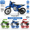 A blue 1:12 scale off-road motorcycle model with spare wheels shown in various colors.