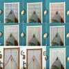 A grid of nine door curtains featuring sheer lace, tassels, and floral accents in shades of blue, pink, and white.