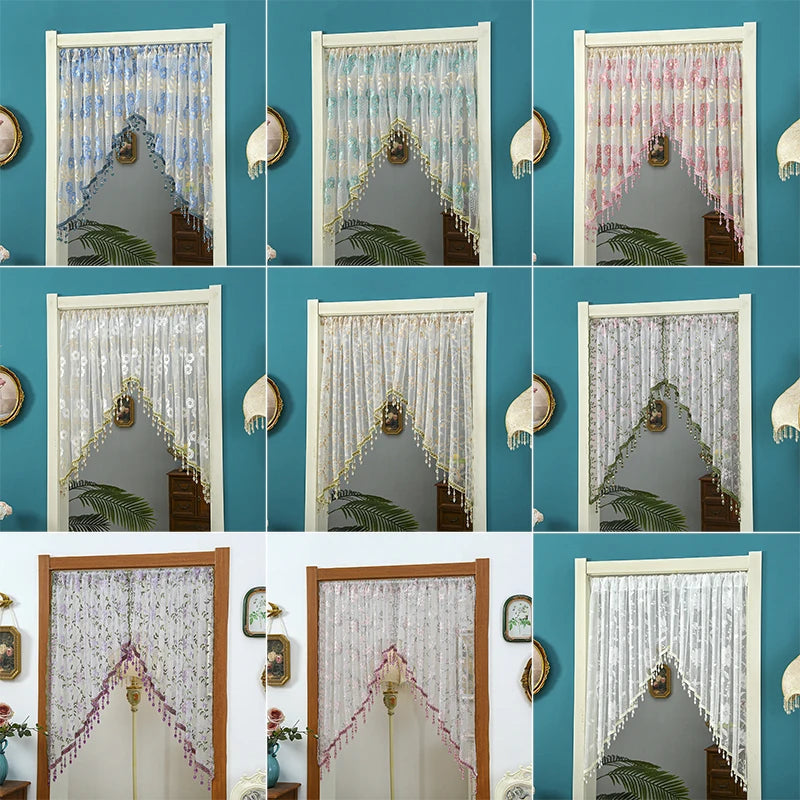 A grid of nine door curtains featuring sheer lace, tassels, and floral accents in shades of blue, pink, and white.