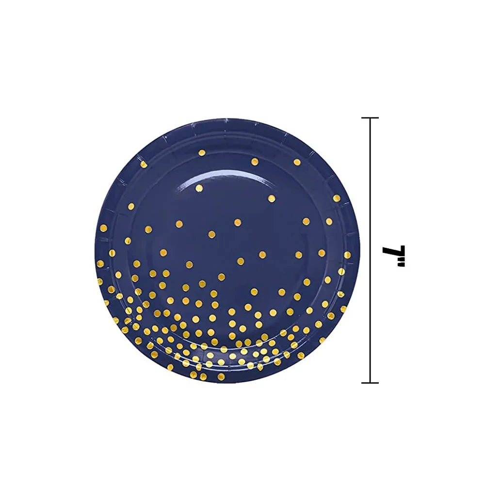 A navy blue disposable plate decorated with gold polka dots.