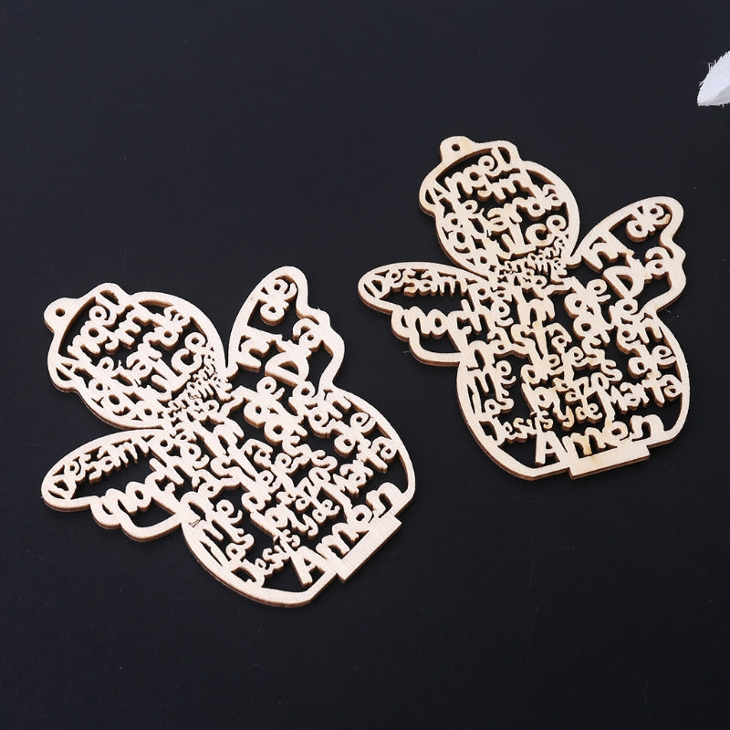 A set of twelve wooden angel ornaments cut from light wood with hemp rope details against a dark background.