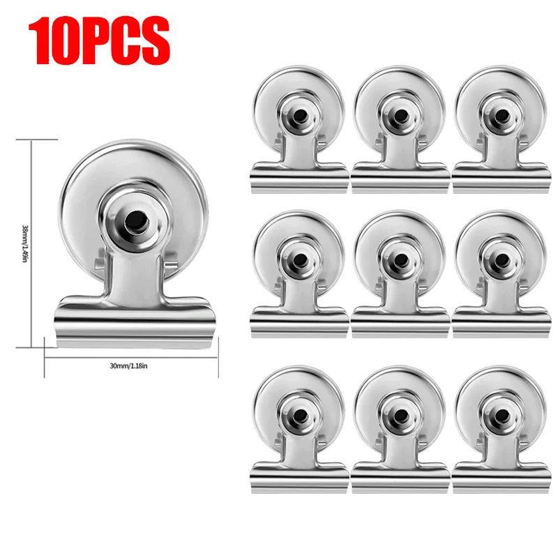 Ten heavy duty silver magnetic clips for fridge or cabinet use