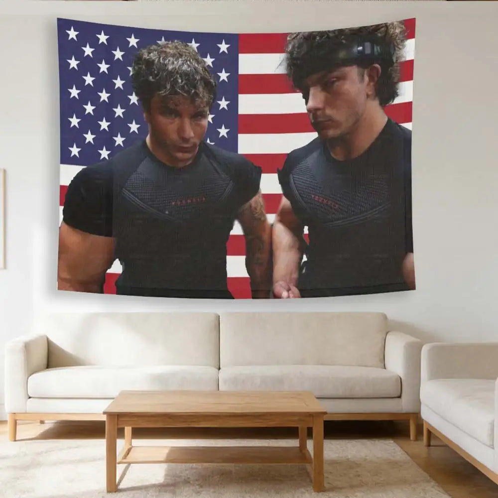 A poster featuring two muscular men in black shirts against an American flag background.