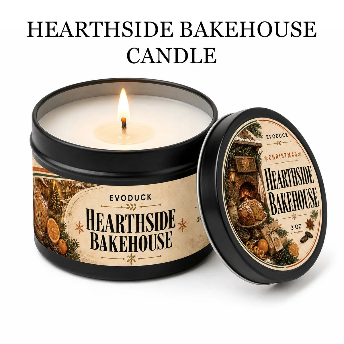 A jar of Hearthside Bakehouse candle in a black tin with a gold label and gift box
