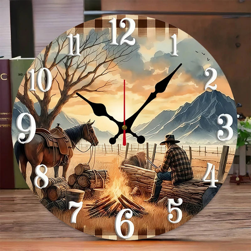 A rustic wooden wall clock face depicting a silhouette of a cowboy, horse, and landscape under an orange sky.