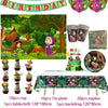 Birthday party supplies set including balloons plates cups tablecloths and cake toppers for a Masha and The Bear theme