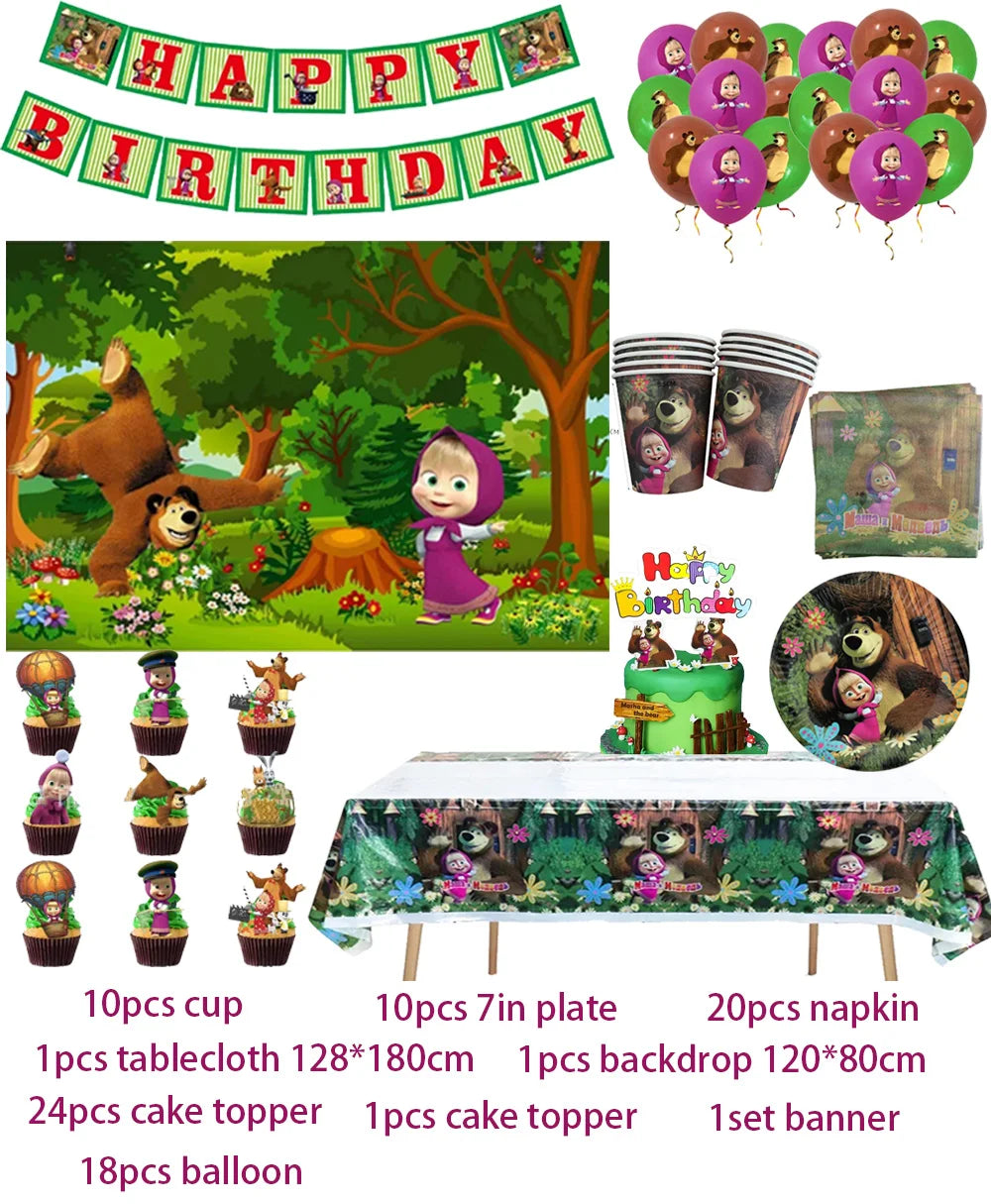 Birthday party supplies set including balloons plates cups tablecloths and cake toppers for a Masha and The Bear theme