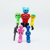 A collection of colorful robot joint mobile assembly worker game dolls in various colors like teal, red, yellow, pink, and bl