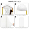 Instructions showing how to install a white fabric backdrop or arch cover for events