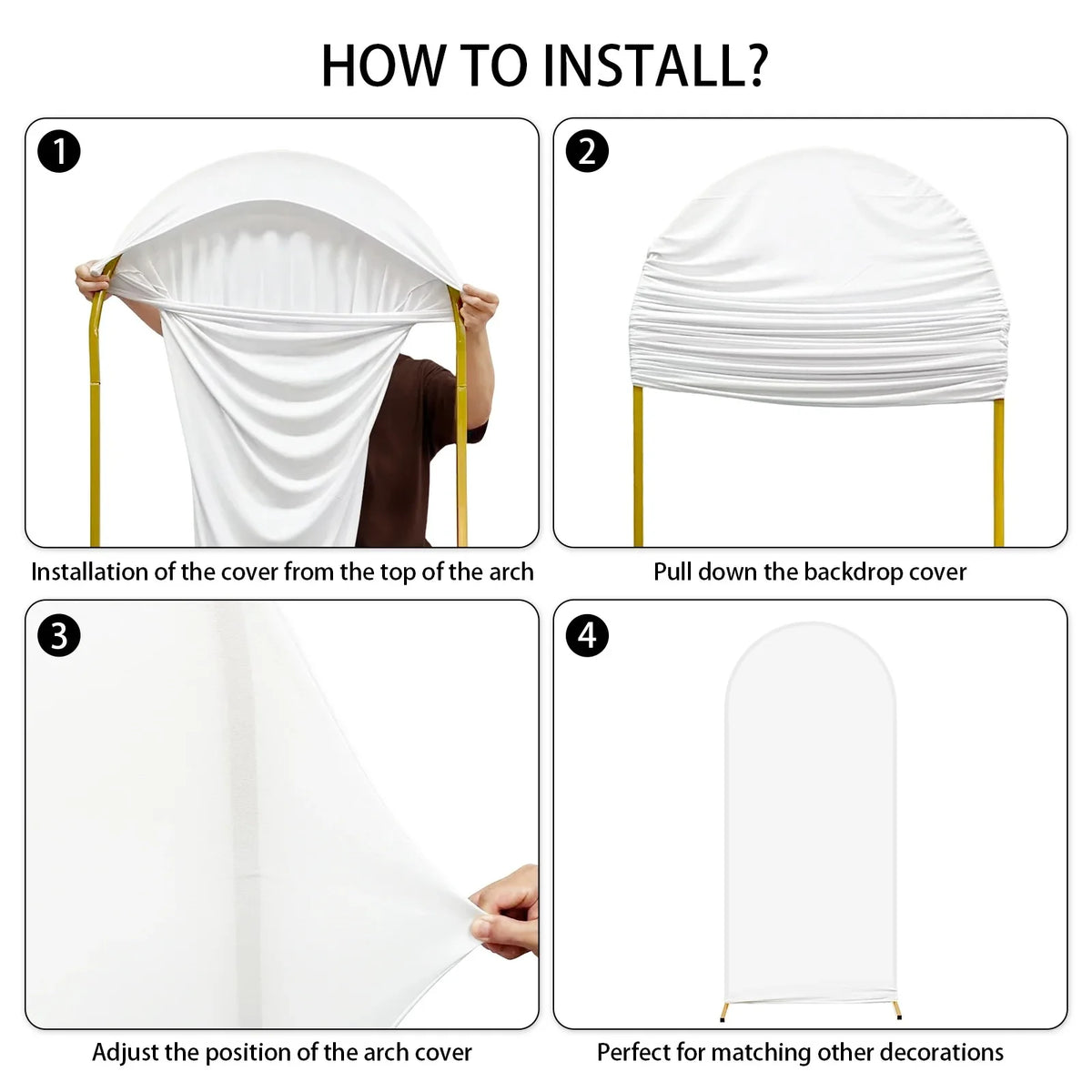 Instructions showing how to install a white fabric backdrop or arch cover for events