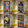 A colorful door banner decor featuring educational and welcoming messages for a school setting