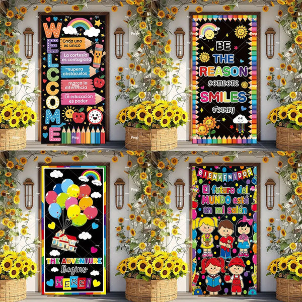 A colorful door banner decor featuring educational and welcoming messages for a school setting