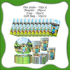 A collection of themed party decorations including plates, napkins, cups, and gift bags for a Minecraft birthday party.