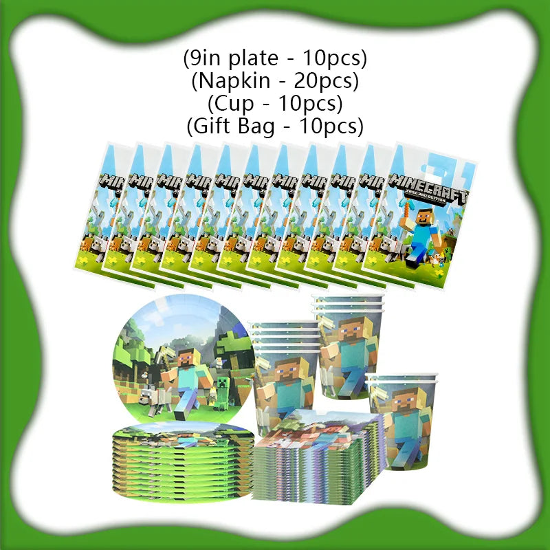 A collection of themed party decorations including plates, napkins, cups, and gift bags for a Minecraft birthday party.