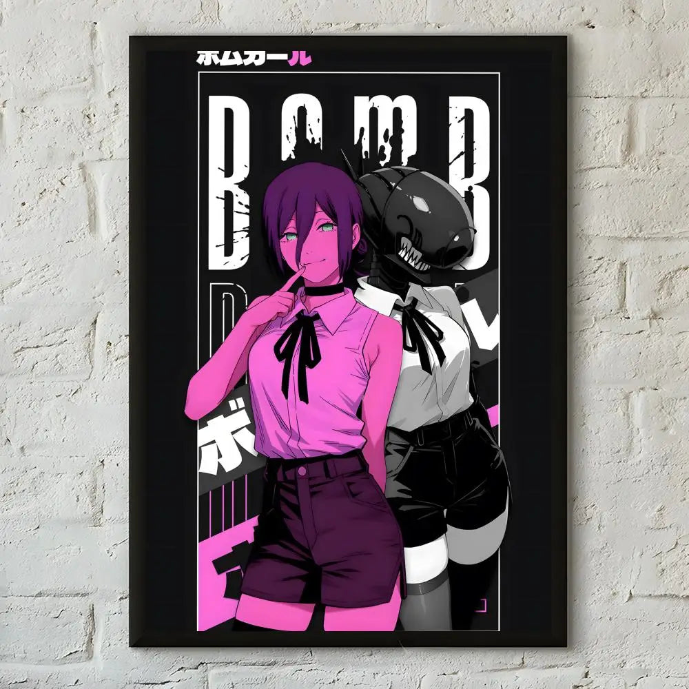 Anime poster featuring Makima from Chainsaw Man in a pink shirt and black outfit.