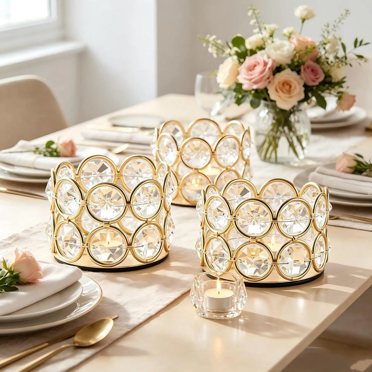 A set of crystal gold votive candle holders and a floral arrangement on a table.