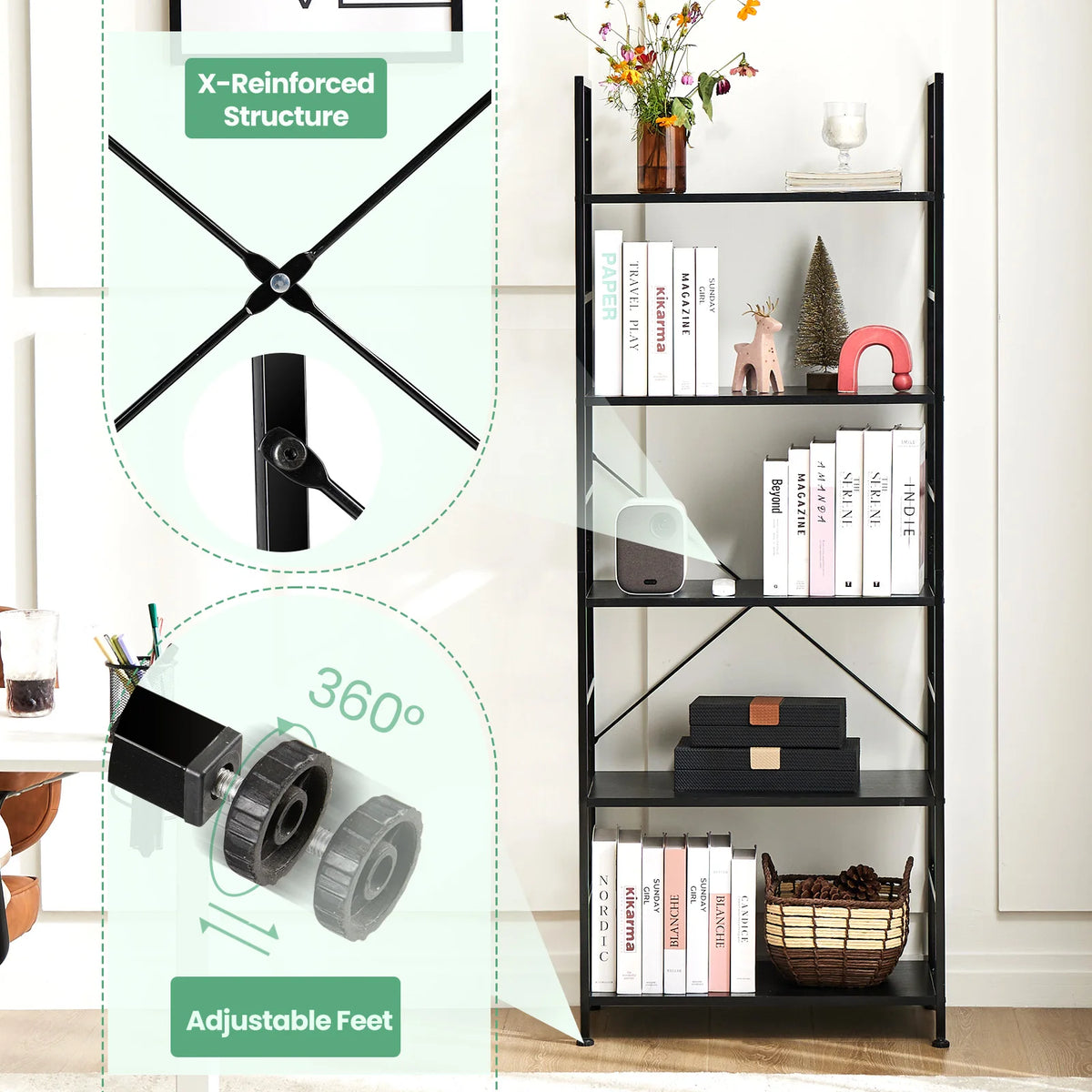 A black 5-tier wooden bookshelf with a metal frame, featuring an X-reinforced structure and adjustable feet.