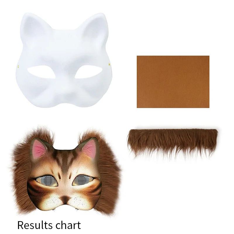 A kit showing a white mask mold, a brown paint color swatch, and a finished orange-brown cat mask.
