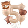 A set of foil balloons shaped like a bear and the number 5 in caramel and gold colors.
