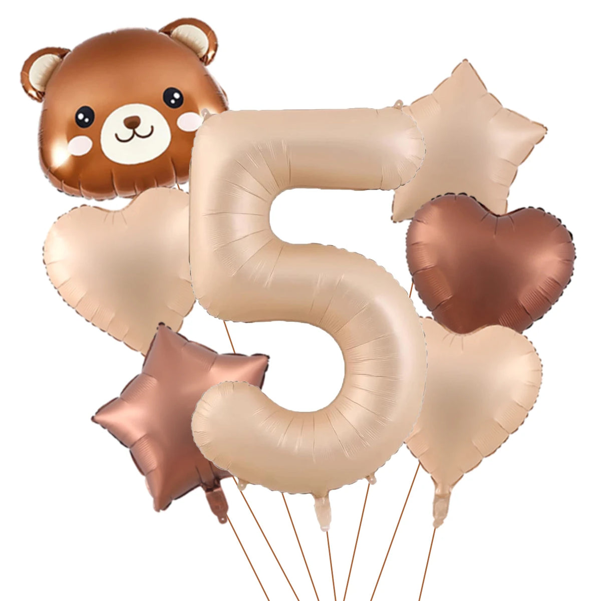A set of foil balloons shaped like a bear and the number 5 in caramel and gold colors.