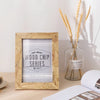 Natural wood rectangular photo frame displaying the Wood Chip Series print on a light background.