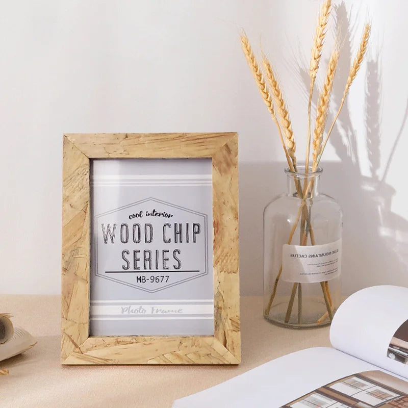 Natural wood rectangular photo frame displaying the Wood Chip Series print on a light background.
