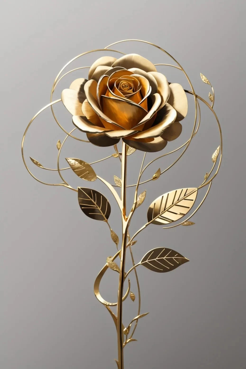 Arte floral de alambre dorado con una rosa y hojas en un tallo esbelto.