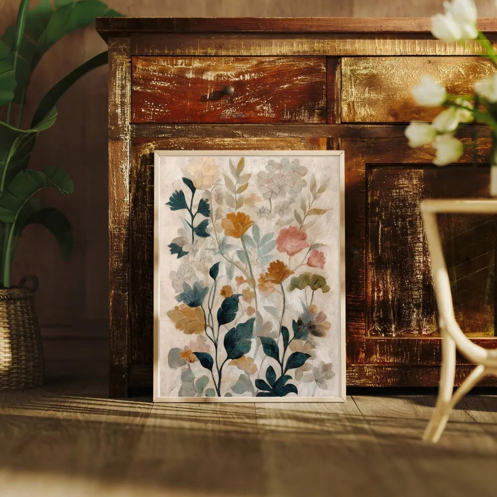 Gerahmtes Canvas mit Boho-Blumendekor in Erdtönen auf einem Holzschrank.