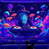 A vibrant tapestry featuring a wizard with a beard surrounded by glowing mushrooms and jellyfish against a dark background.