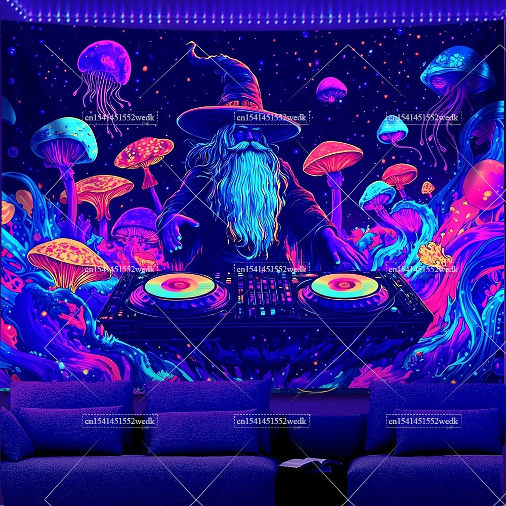 A vibrant tapestry featuring a wizard with a beard surrounded by glowing mushrooms and jellyfish against a dark background.