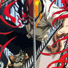 Anime style illustration of Chainsaw Man character with red hair and a large chainsaw blade against a dark background.