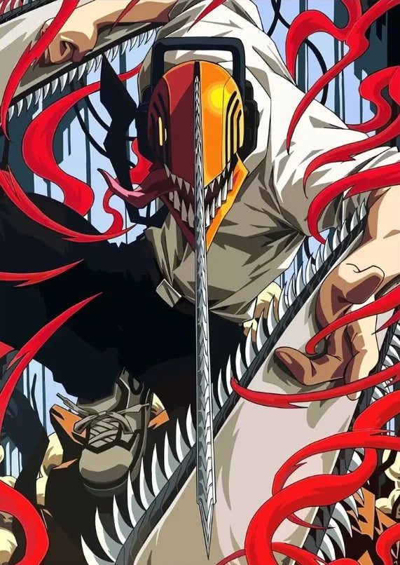 Anime style illustration of Chainsaw Man character with red hair and a large chainsaw blade against a dark background.