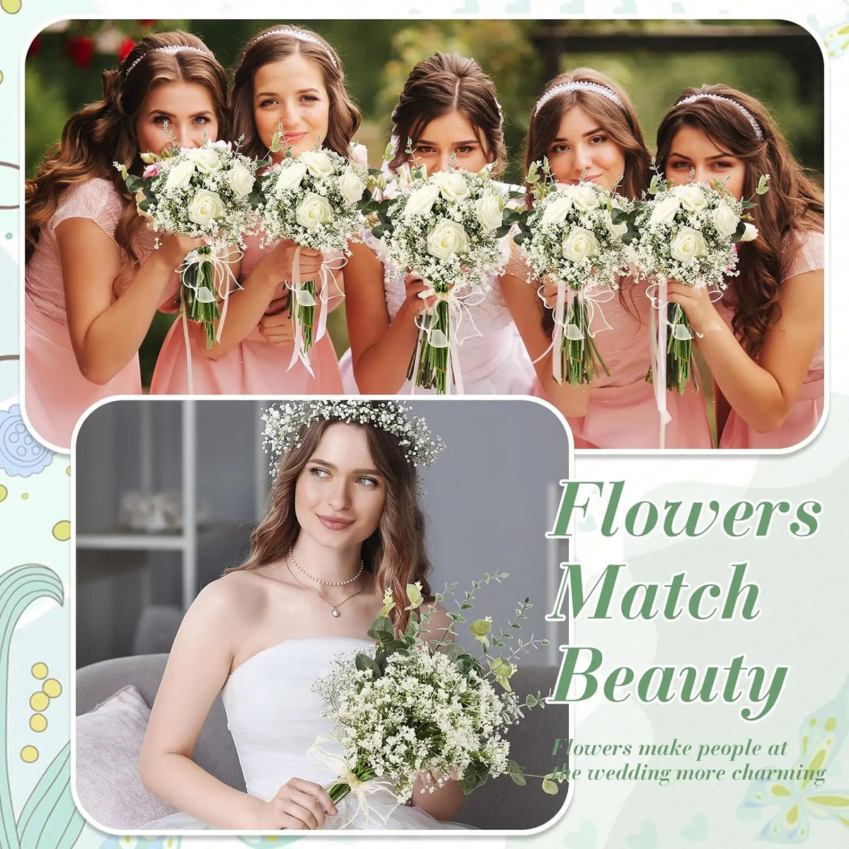 Six brides holding bouquets of white flowers and greenery, with a bride holding a white bouquet.
