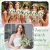 Six brides holding bouquets of white flowers and greenery, with a bride holding a white bouquet.
