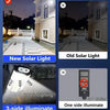 Comparison of new and old solar lights, showing 3-side illumination versus one-side illumination.
