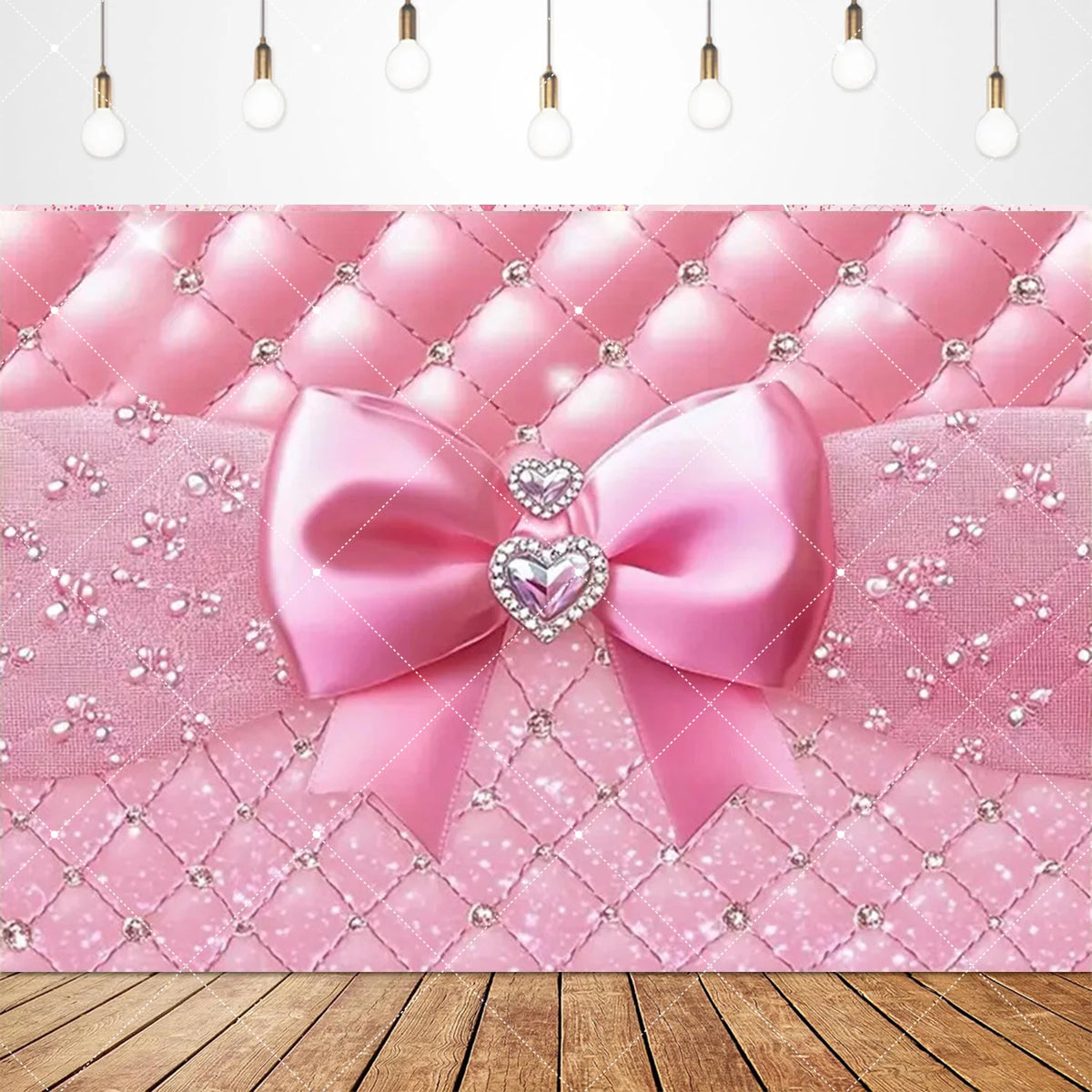 Pink satin bow tie birthday party backdrop banner featuring pink fabric and sparkling embellishments